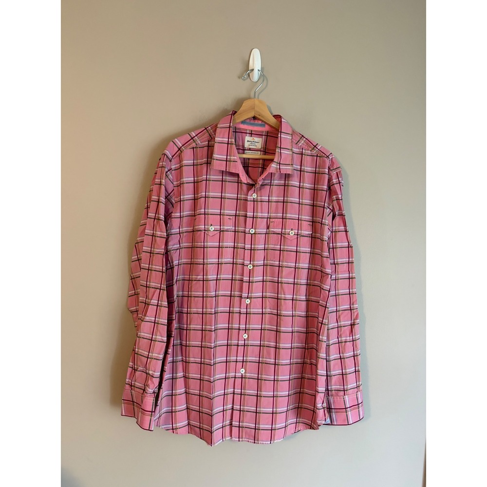 Tommy Bahama Button Up Shirt Men XL Pink Plaid Island Modern Fit Cotton